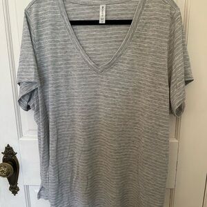 Athleta Gray Striped V-Neck Tee